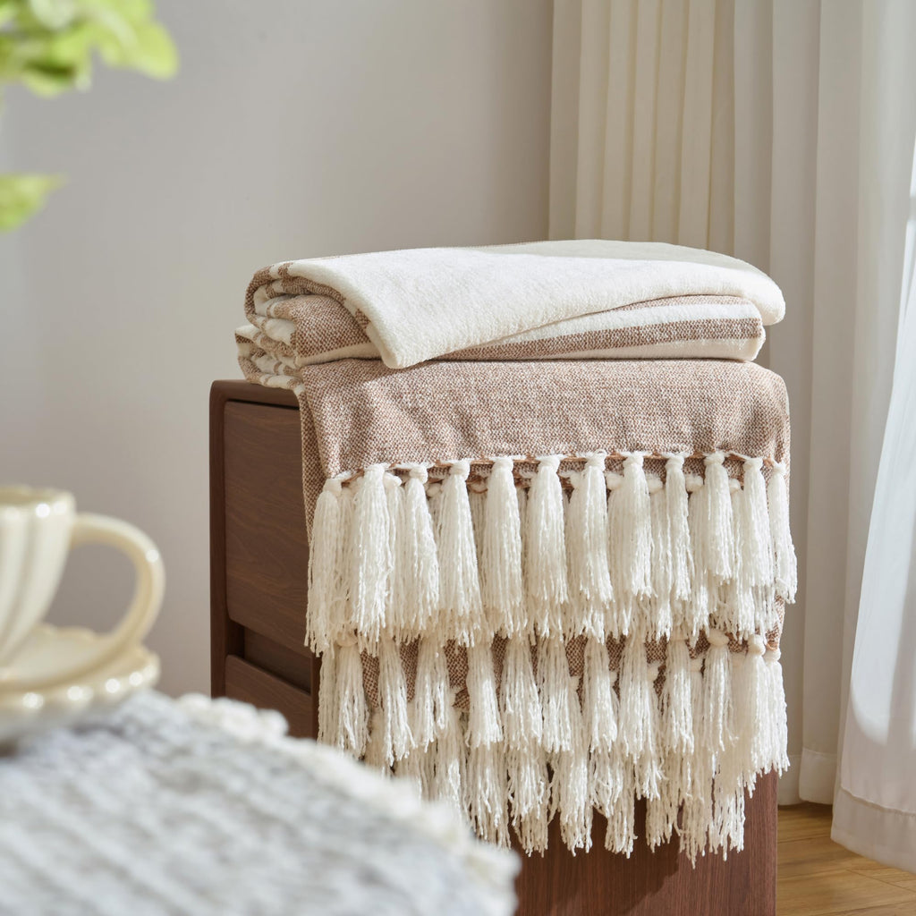 Chenille Throw Blanket with Knotted Tassels 50x60, Tan Stripe