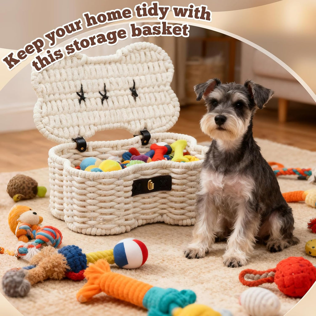 Shaped Dog Toy Basket with Lid, Cotton Rope Woven Pet Toys Bin