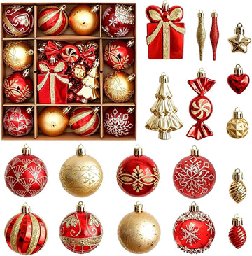 Christmas Ornaments Set, Red and Gold Balls Xmas Tree Hanging Decors - Set of 46