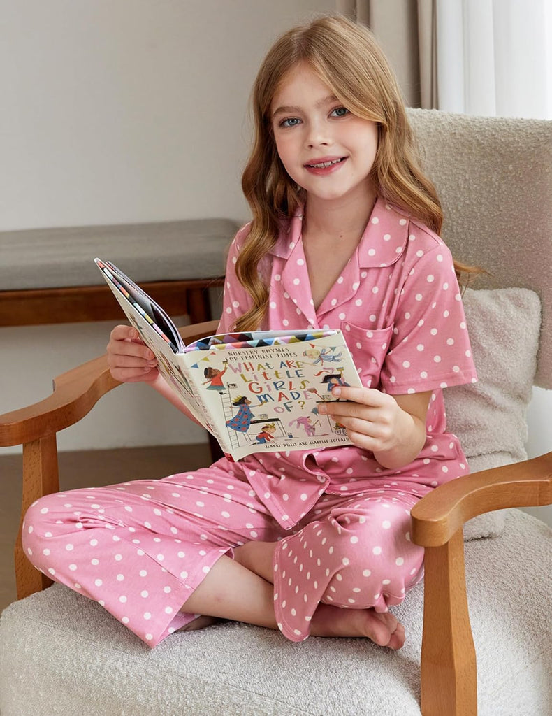 Pajamas for Girls Short Sleeve Long Pants Sleepwear Button Pjs Set