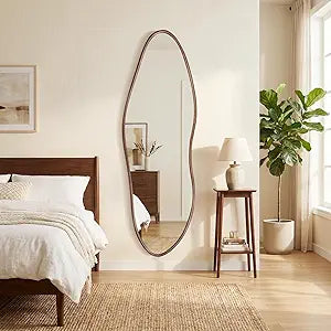 Irregular Full Length Mirror 64"X21", Cloud-Shaped Design with Rounded Oak Hardwood Frame in Black Walnut, Asymmetrical