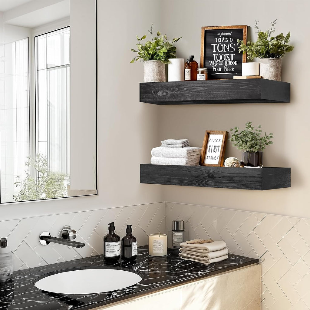 Floating Shelves, 17 x 7 Inch Fireplace Mantel, Set of 2, Black | Rustic Finish, Mounting Hardware Included, Easy