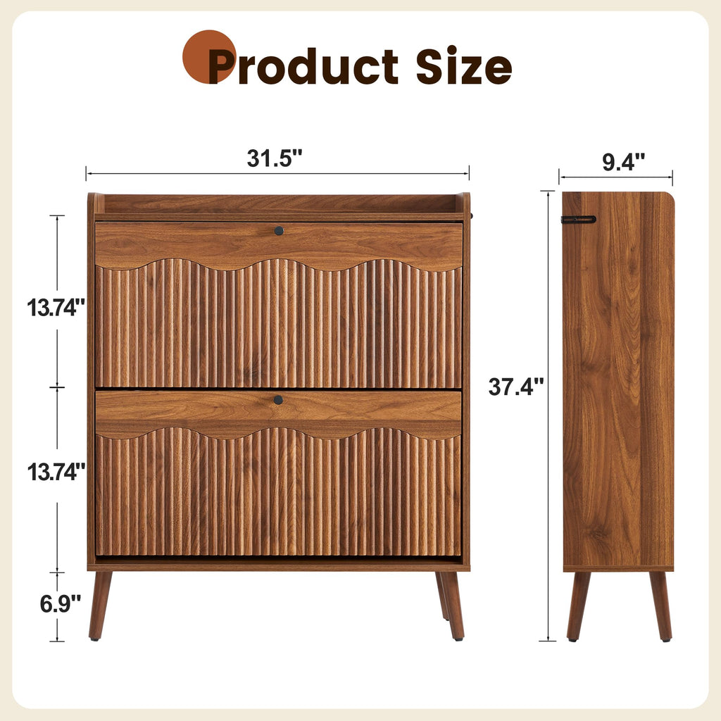 31.5" Fluted Walnut Shoe Storage Cabinet with 2 Flip Drawers
