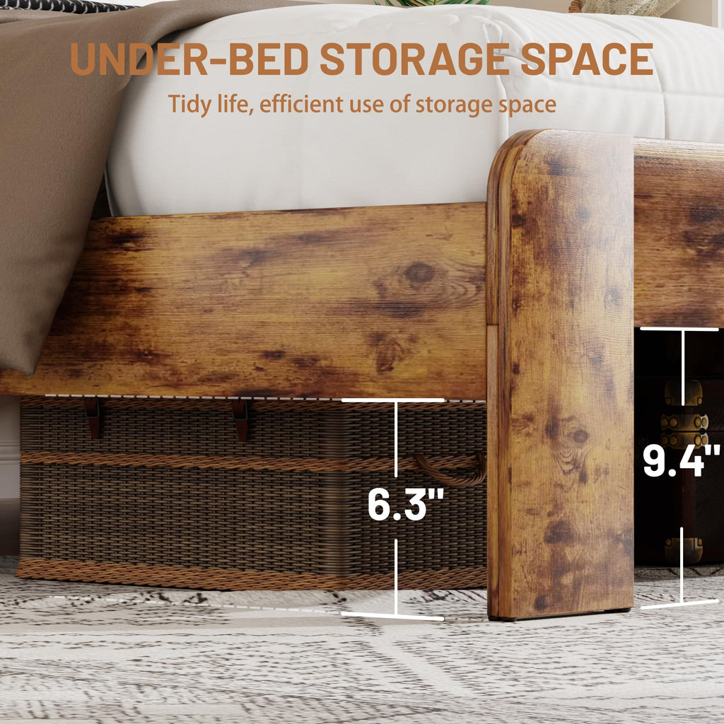 Wooden Bed Frame King Size with Storage Headboard, Brown
