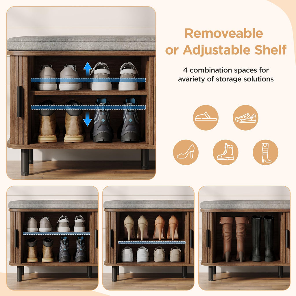 39" Upholstered Shoe Storage Bench, Entryway Bench with Linen Seat Cushion, 2 Tier Hidden Shoe Rack with Adjustable