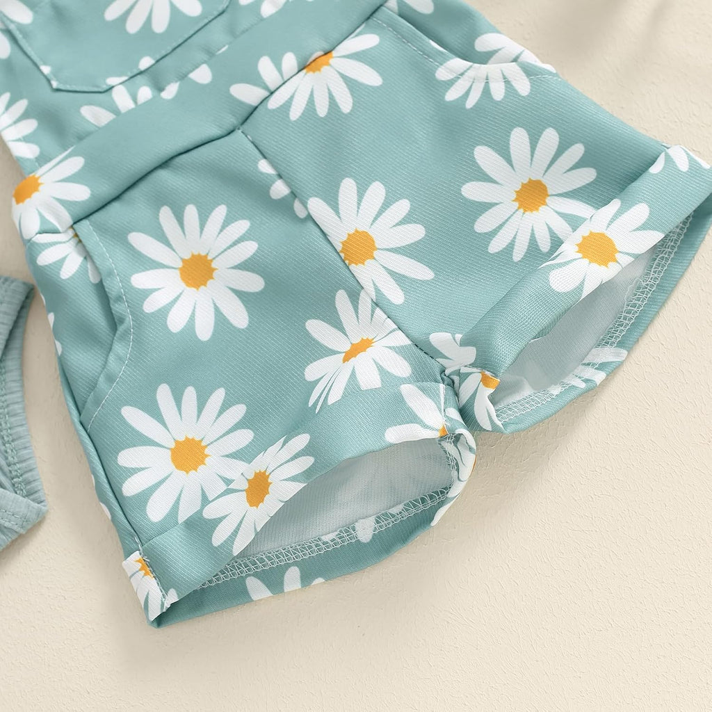 Newborn Baby Girl Clothes Summer Outfit Short Sleeve Ribbed Romper Floral Suspender Overalls Shorts Set