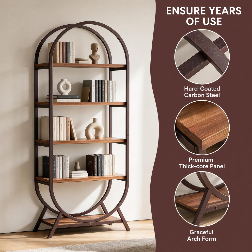Bookshelf Arched Bookcase, 5 Tier Open Freestanding Display Shelf, Walnut