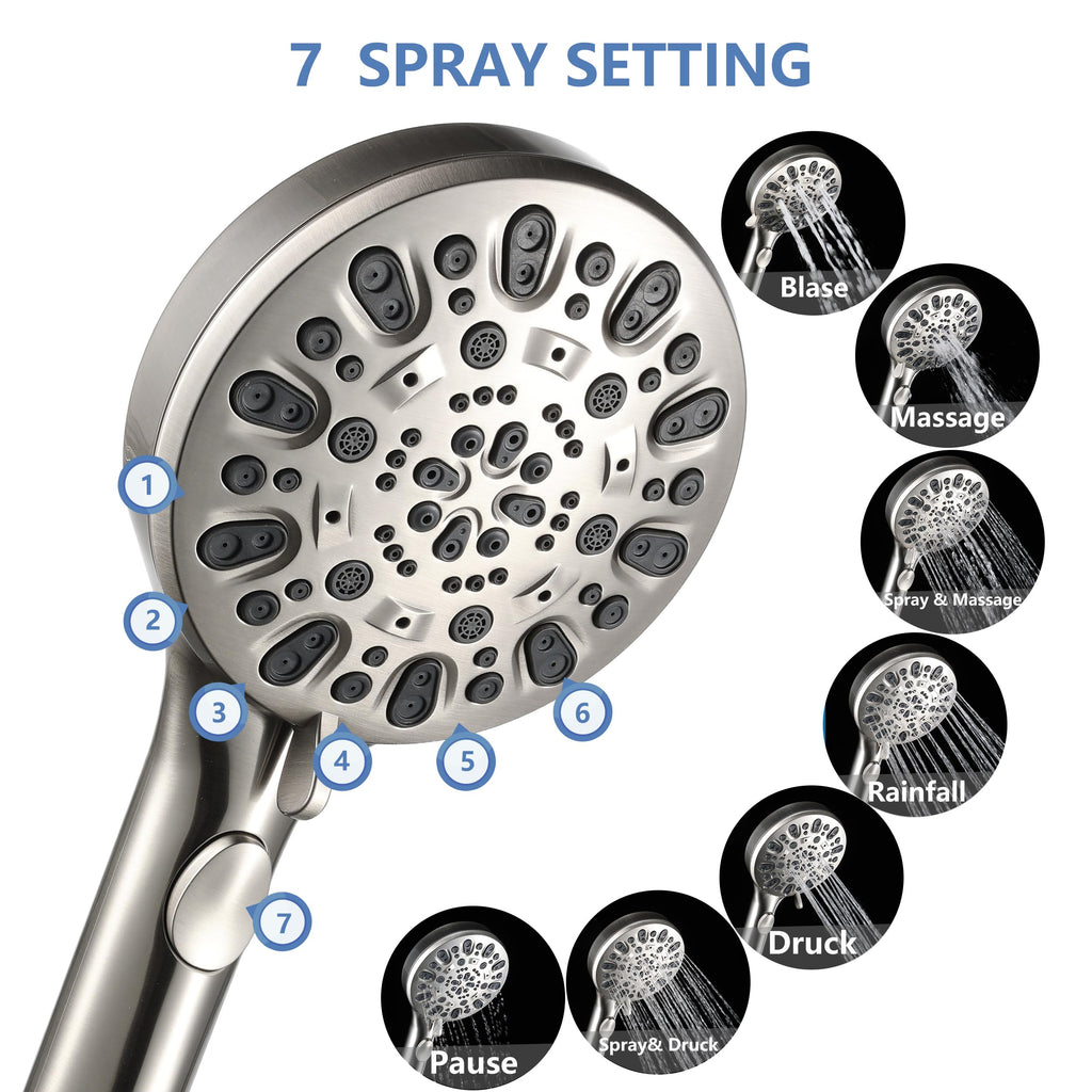 High Pressure Handheld Shower Head with 7 Spray Modes(Brushed Nickel)