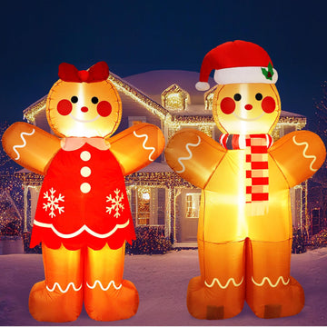 2 Pcs 6 ft Gingerbread Man Christmas Inflatable LED Couple Decor