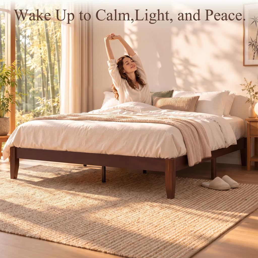 Japanese Joinery Solid Wood King Bed Frame, Bamboo Platform Bed, Walnut