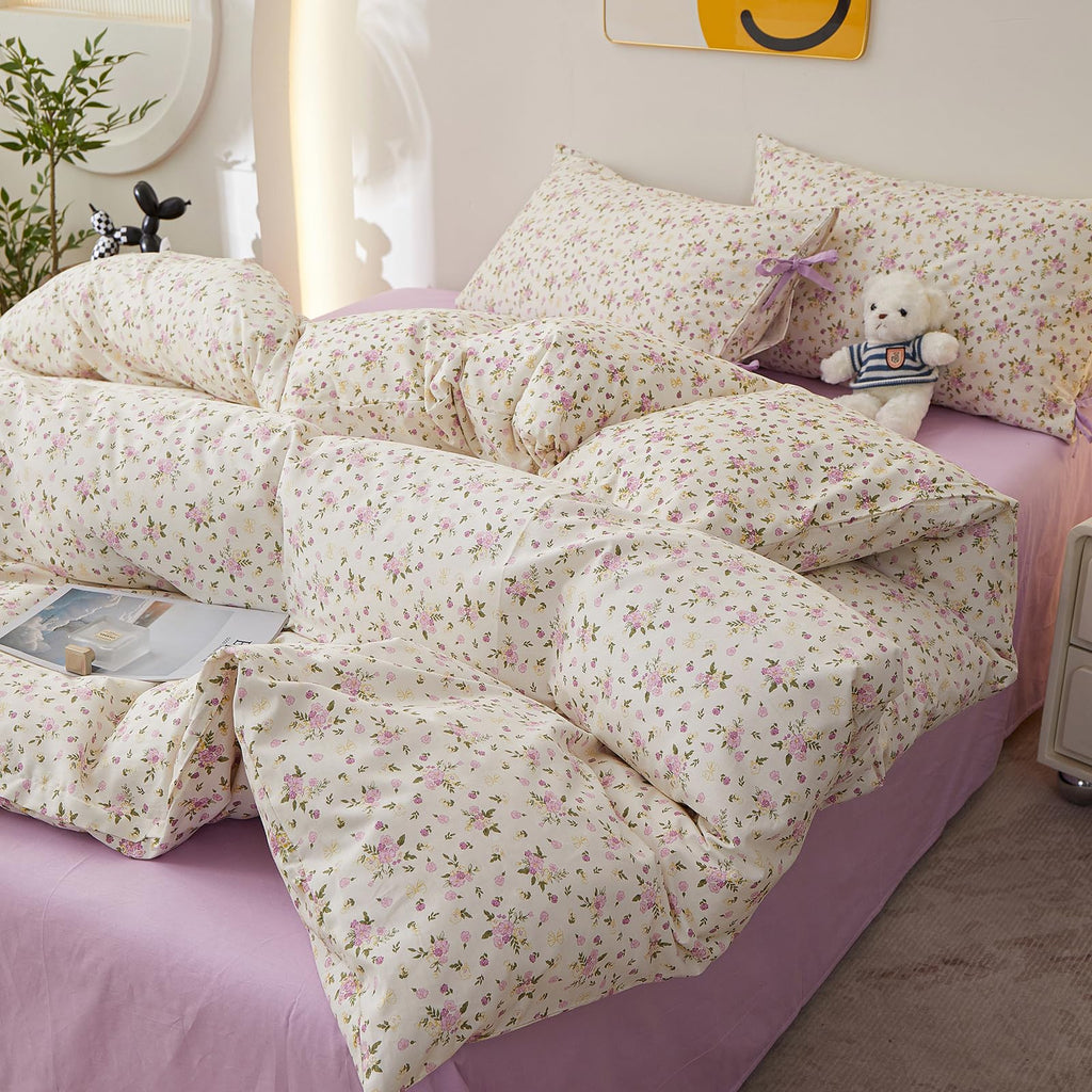 Farmhouse Boho Comforter Set Queen Floral with 2 Bowknot Bow Tie Pillowcases, Soft Cotton Fluffy Queen Comforter Bed