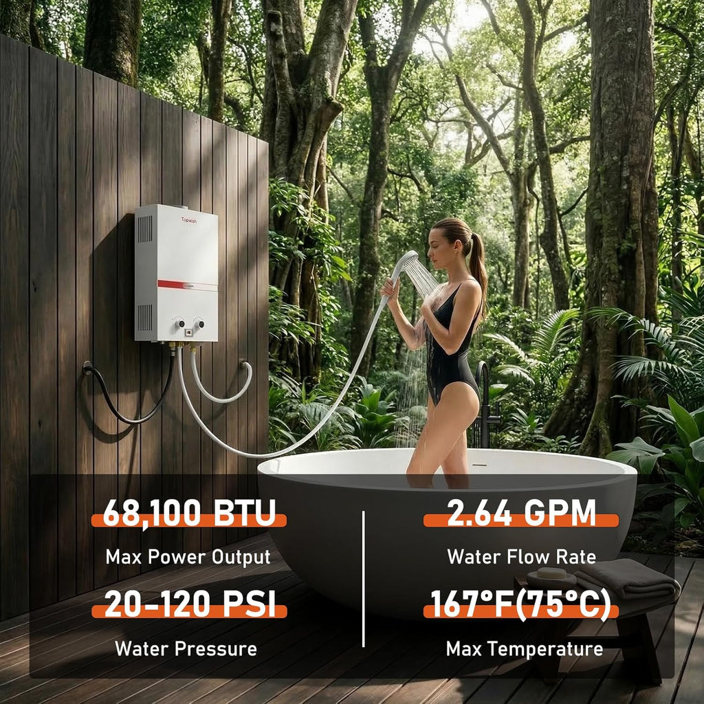 Portable Propane Water Heater Tankless, 10L 2.64GPM Instant Gas Hot Water Heater 68