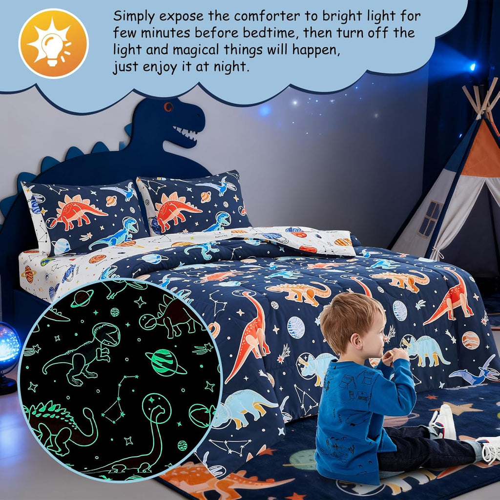 5pc Glow in The Dark Kids Comforter Set,Dinosaur Galaxy Printed, Space Bedding Set Full for Boys Girls Teen