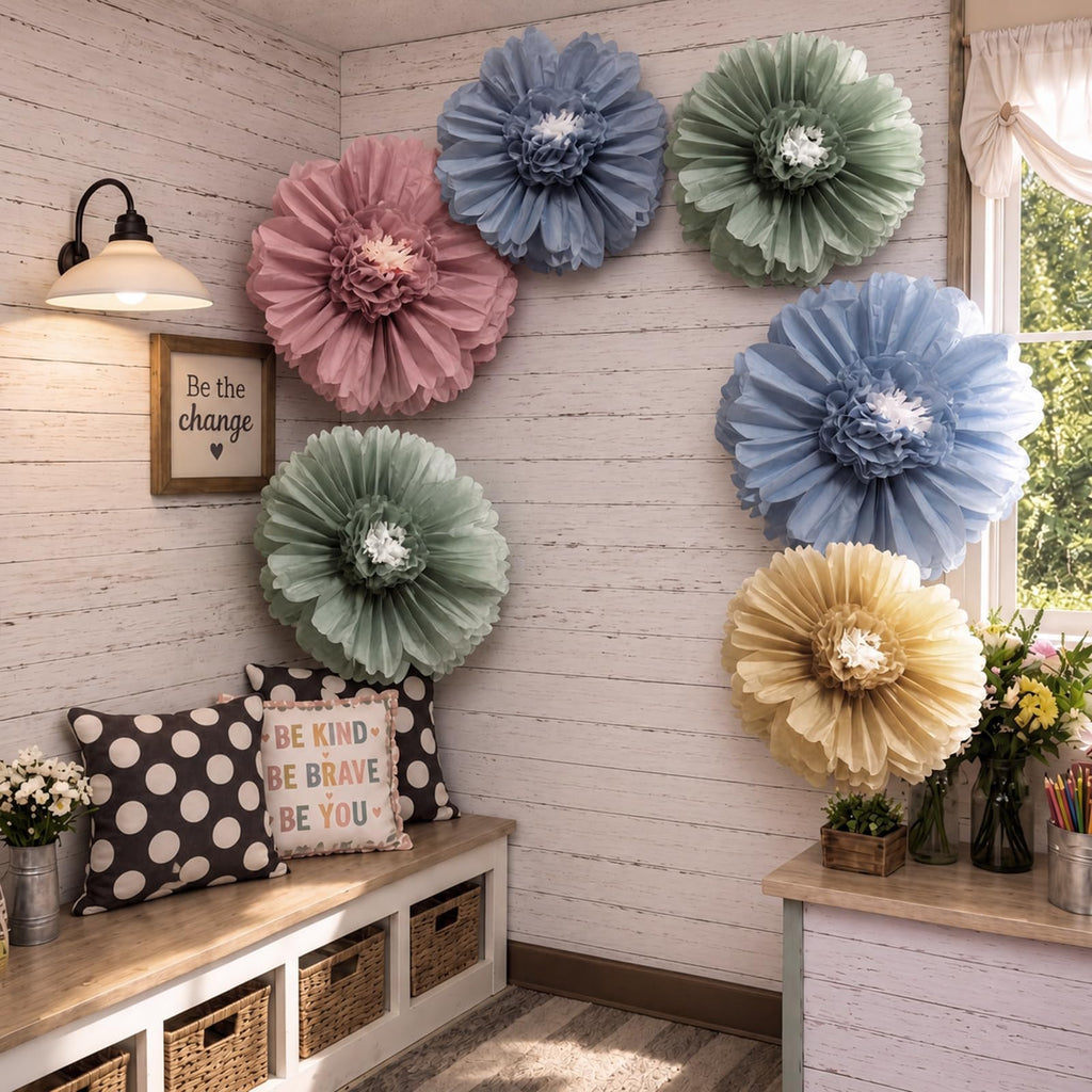 6 Pcs 31.5", 24" Boho Giant Paper Flower Morandi Back to School Bulletin Board Decoration Large Green Blue Classroom