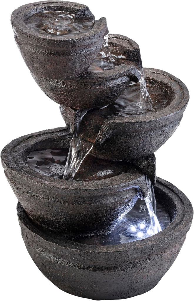 13" Indoor Tabletop Tiering Bowls Water Fountain with LED Lights - Cascading Water Feature, Meditation, Relaxation