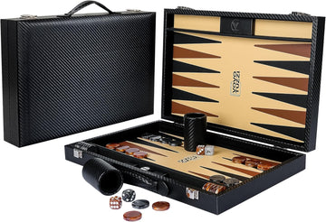 15 Inch Backgammon Set for Adults, Premium Carbon Fiber PU Leather Foldable Backgammon Board Game, Portable Travel