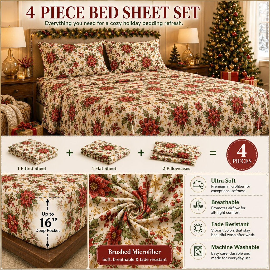 Queen Christmas Sheet Set, 110 GSM Microfiber, 16" Deep, 4-Piece