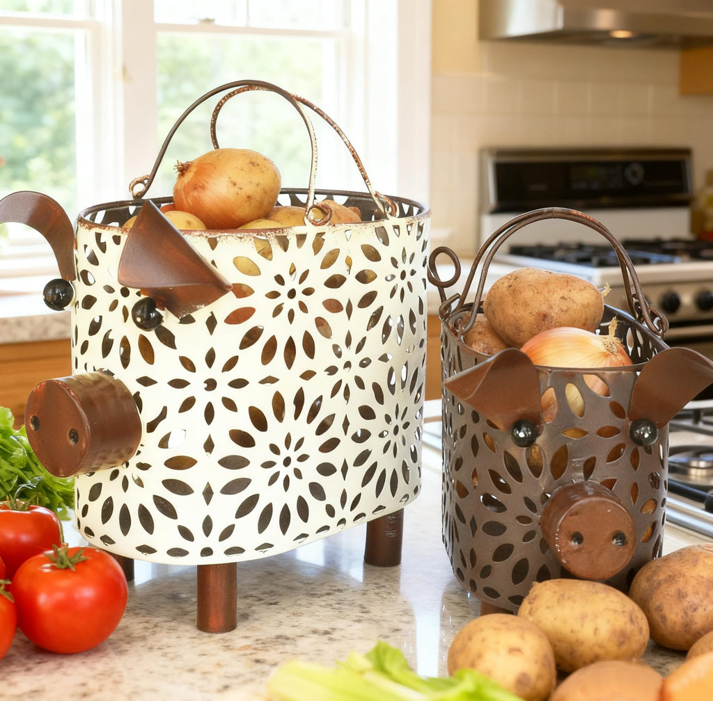 Farmhouse Metal Small Storage Basket Set, 2 Count Pig Decor