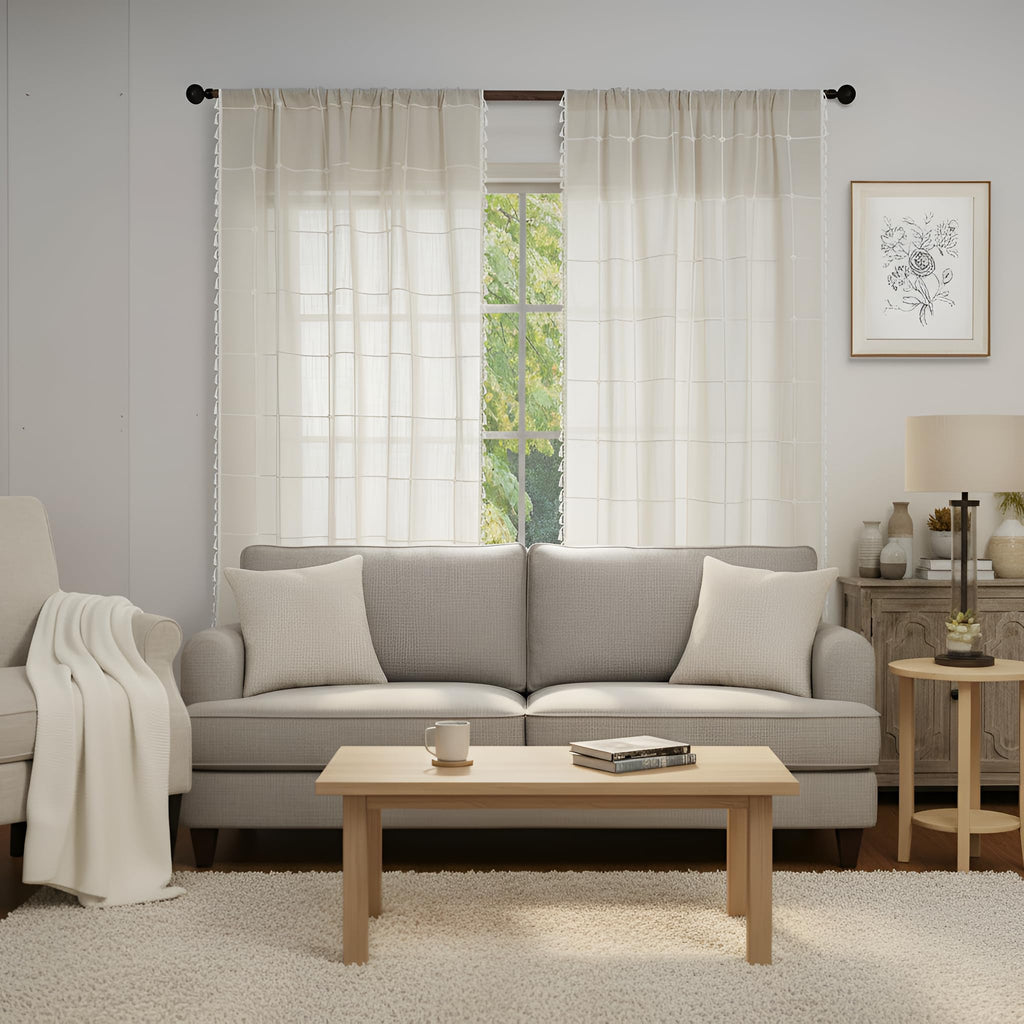Beige Plaid Curtains, White Embroidered Gingham 63 Inch Boho Farmhouse Curtains & Drapes, Linen Texture Light