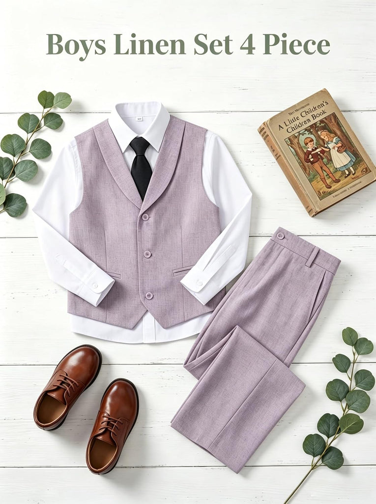 Boys Linen Suit 4 Pcs Beach Summer Outfit Boy Formal Dress Vest Pants