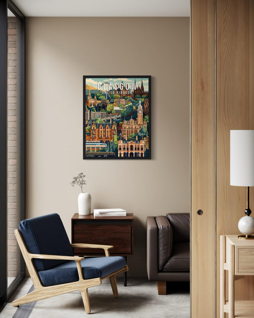 Glasgow United Kingdom Black Framed Print Poster, Europe City Skyline Artwork Painting Wall Vintage Painting Bathroom