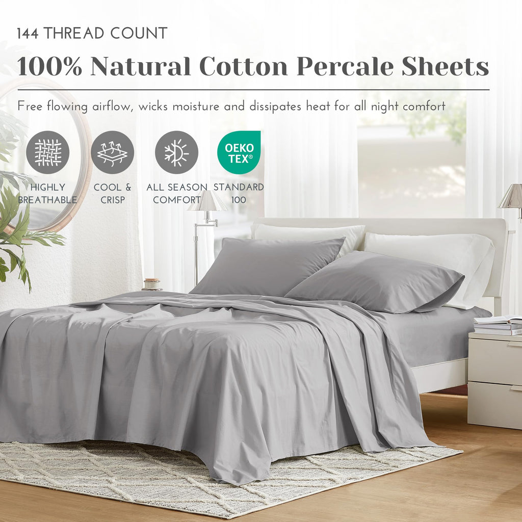 100% Cotton Percale Sheets Queen Extra Deep Pocket, 4 Piece
