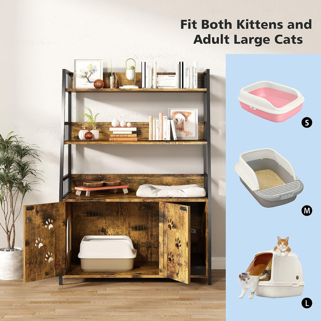 Large Cat Litter Box Enclosure with Shelf Storage, Hidden Cat Washroom Furniture, Wooden Cat House with Scratch Pad