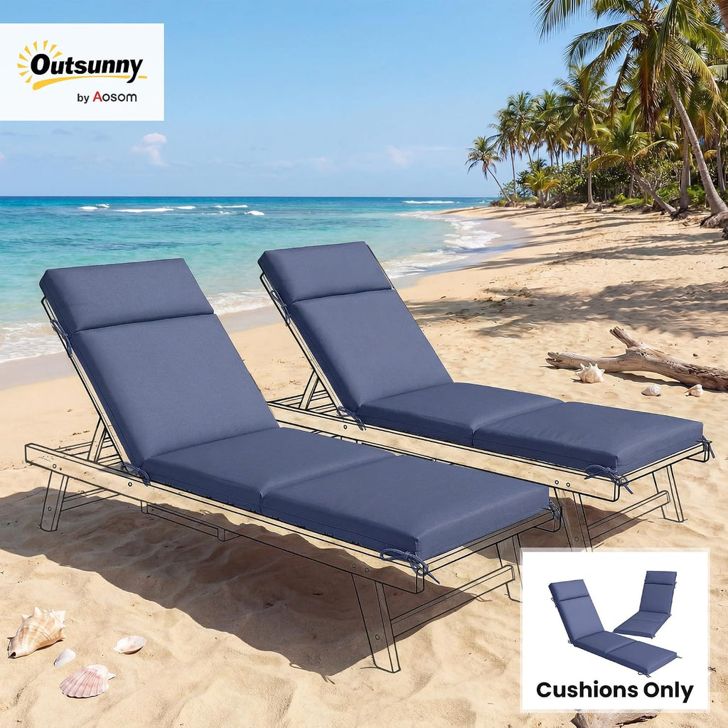Outdoor Chaise Lounge Cushions Set of 2, Navy Blue | 6 Ties, High-Density Foam, Water-Repellent, UV-Resistant, Patio