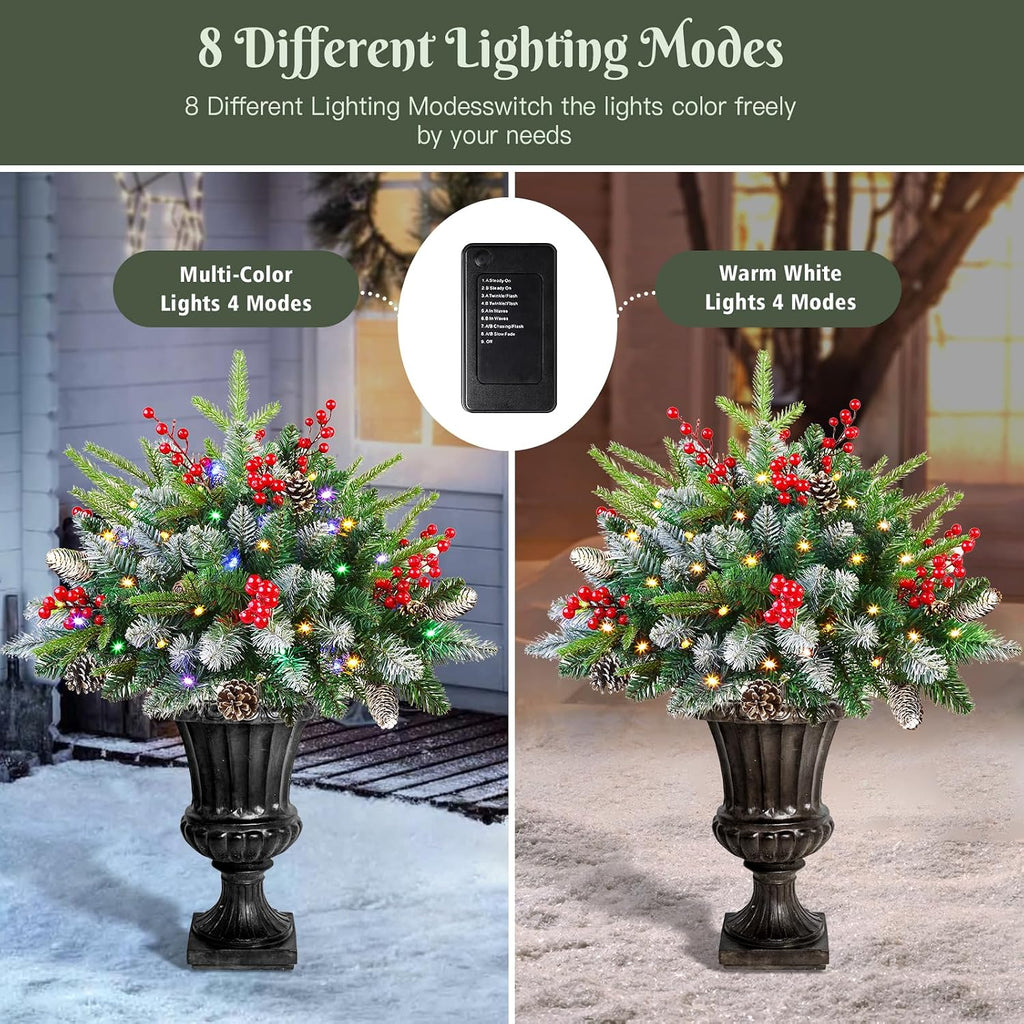 Set of 2 18 Inch Lighted Frosted Outdoor Christmas Tree with Remote &Timer