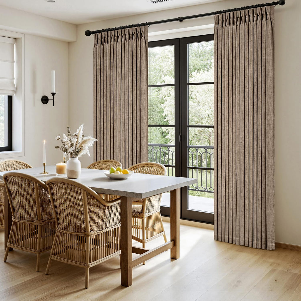 Pinch Pleated Thick Linen Curtains 90 Inches 2 Panels Brown Drapes