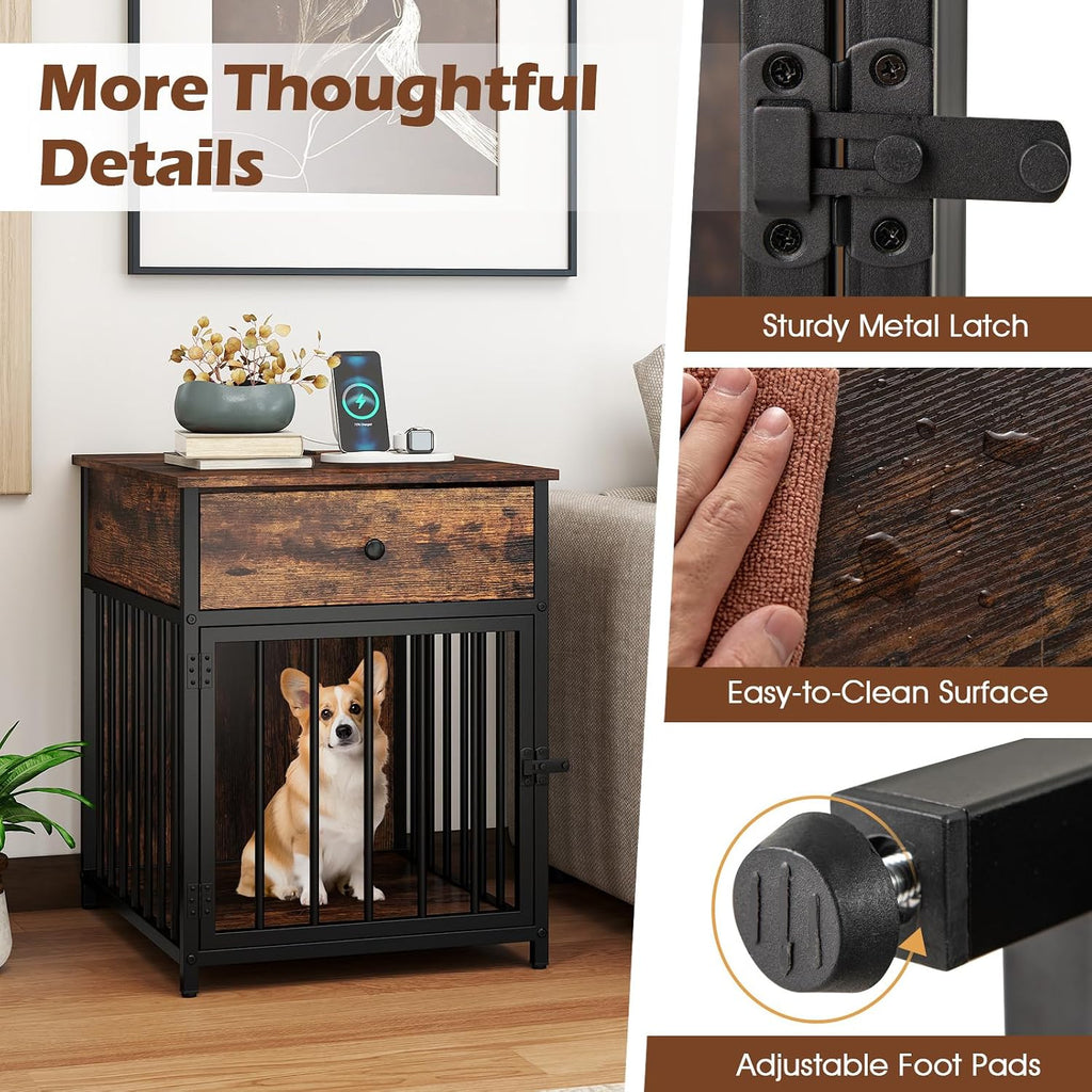 Industrial Dog Crate Furniture with Charging Station, Wooden Dog Kennel with Drawer and Lockable Door, 2 AC Outlets