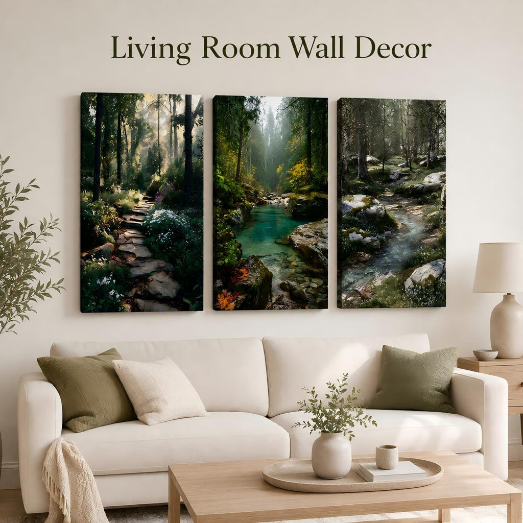 Framed 3‐Panel Canvas Wall Art, Lush Forest Stream Path Landscape Canvas Prints, Green Nature Scenery Woodland Creek
