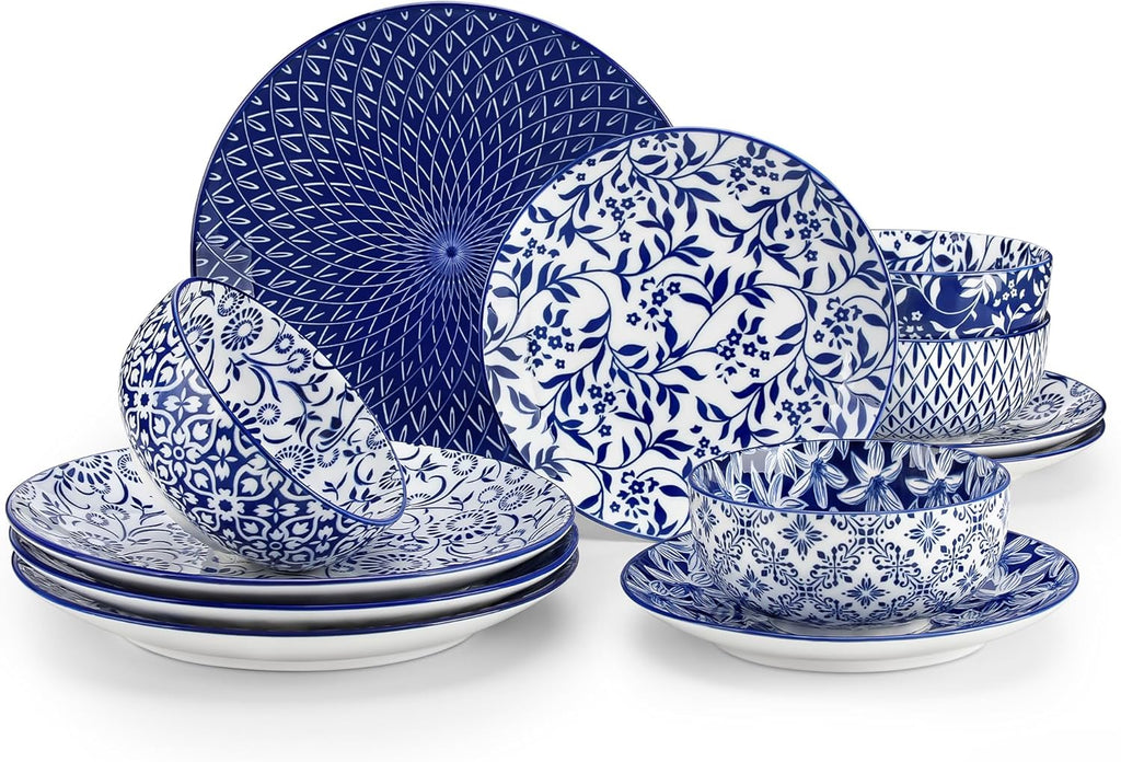 SELENE Plates and Bowls Set for 4, 12 Pieces Dinnerware Sets, Mircowave and Dishwasher Safe Dishes Set