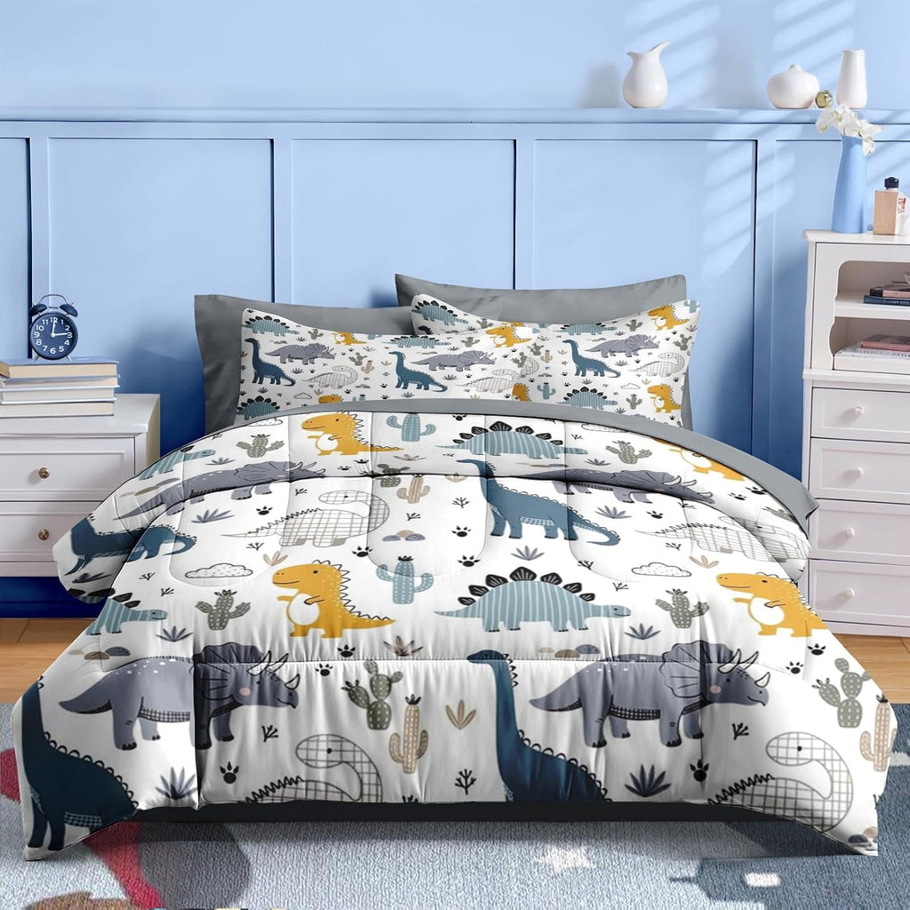7 Pcs Comforter Set Full, Cute Dinosaur Dino Bedding for Kids Teen, Blue Yellow Dragon with Fitted Sheet 2