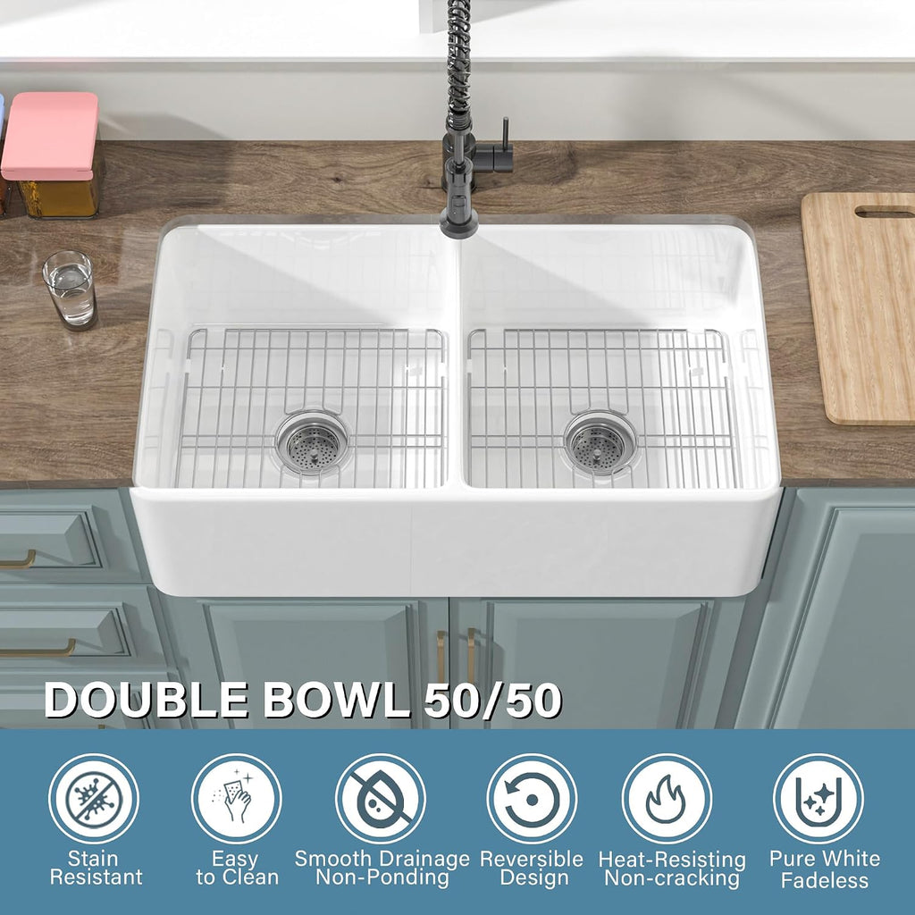 33" x 18" Farmhouse Sink Double Bowl White Fireclay Kitchen Sink | Fireclay dual bowl 50/50 , Undermount farm style