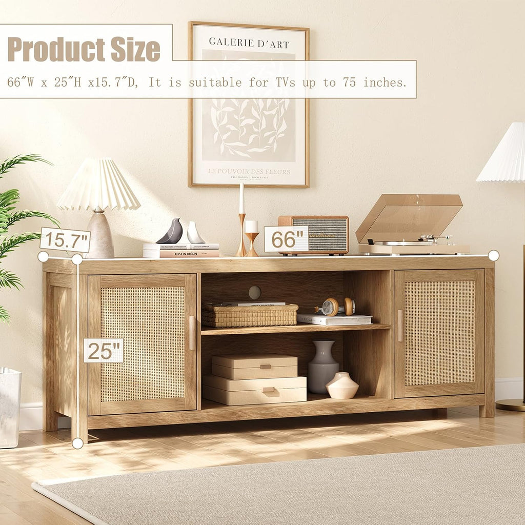 Rattan TV Stand for 75 inch, Boho Entertainment Center with Adjustable Shelves, Natural Oak TV & Media Cabinet 2-Tier
