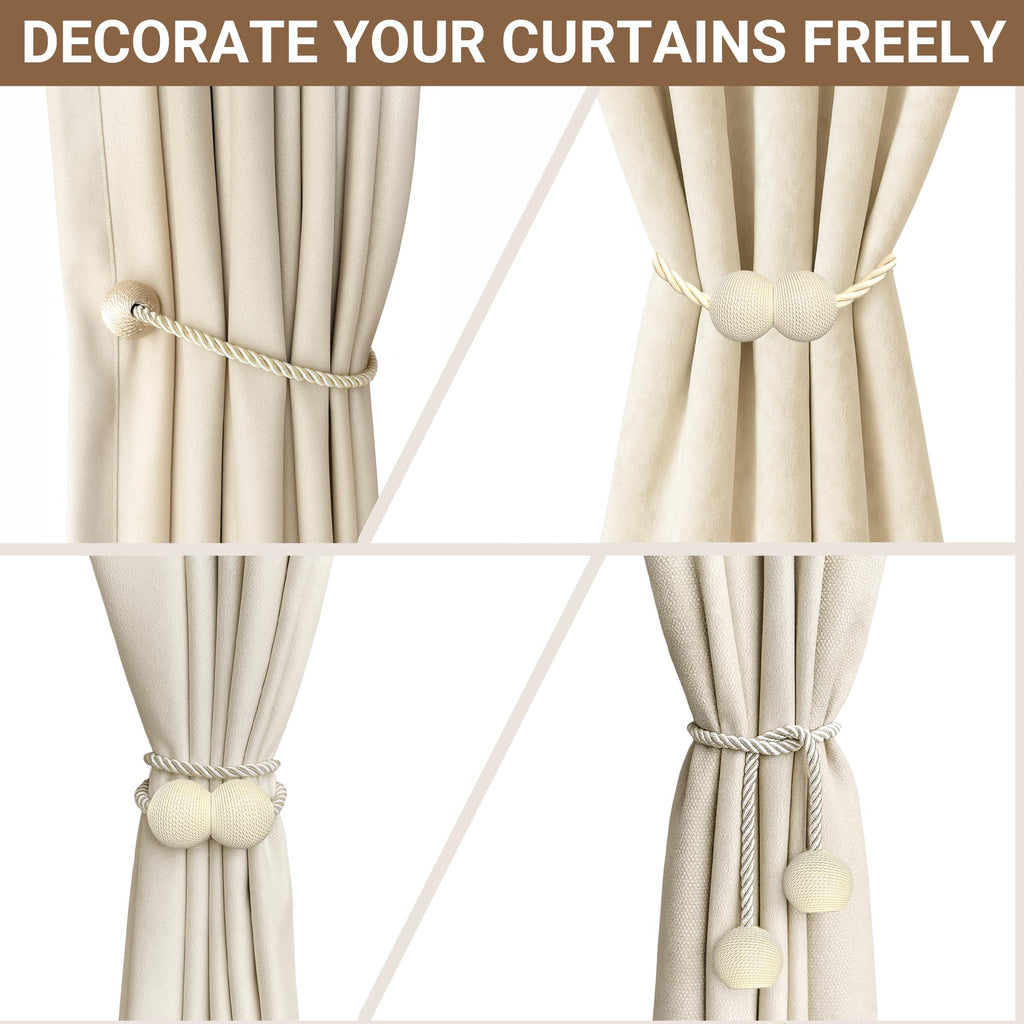 Magnetic Curtain Tiebacks Beige 4 Pack, Curtain Tiebacks Buckles Holdbacks Holders Hooks Clip Bedroom Office