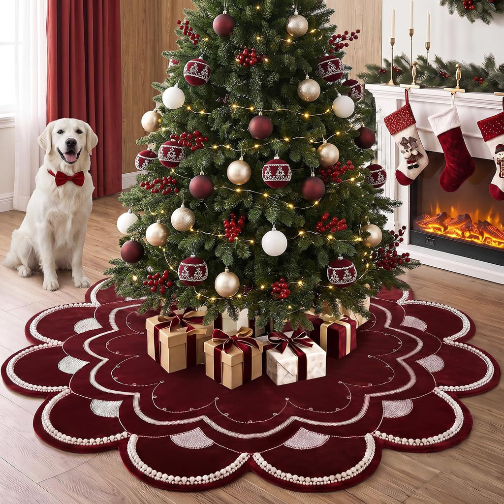 72 Inch Burgundy Velvet Christmas Tree Skirt, Luxury Sequin & Pearl Trim