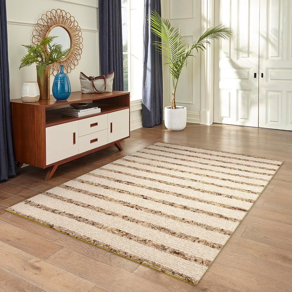Lhasa Indoor Hand Woven Wool Thick Area Rug - Transitional Stripe Global Multicolor (Stripe Neutral) (3'6" x 5'6")