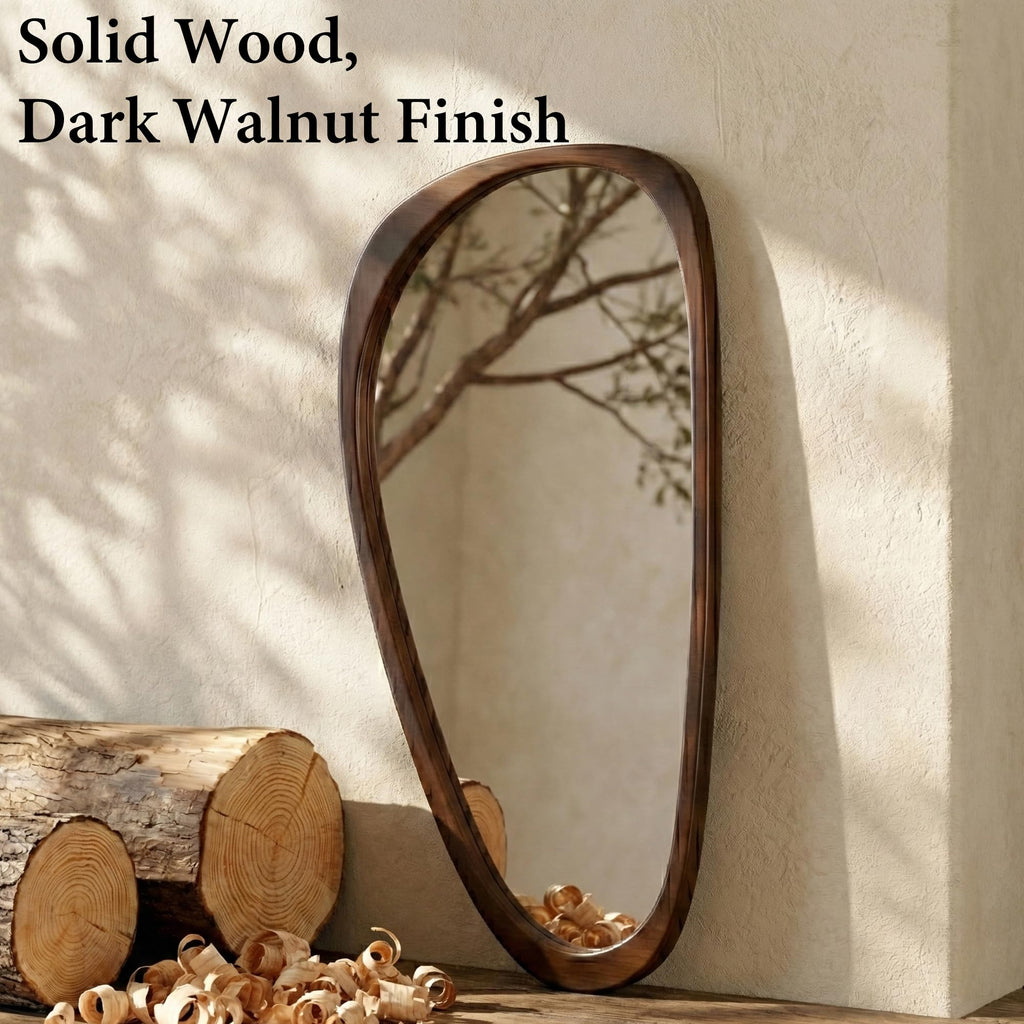 48x24 Inch Dark Walnut Large Irregular Solid Wood Wall Mirror