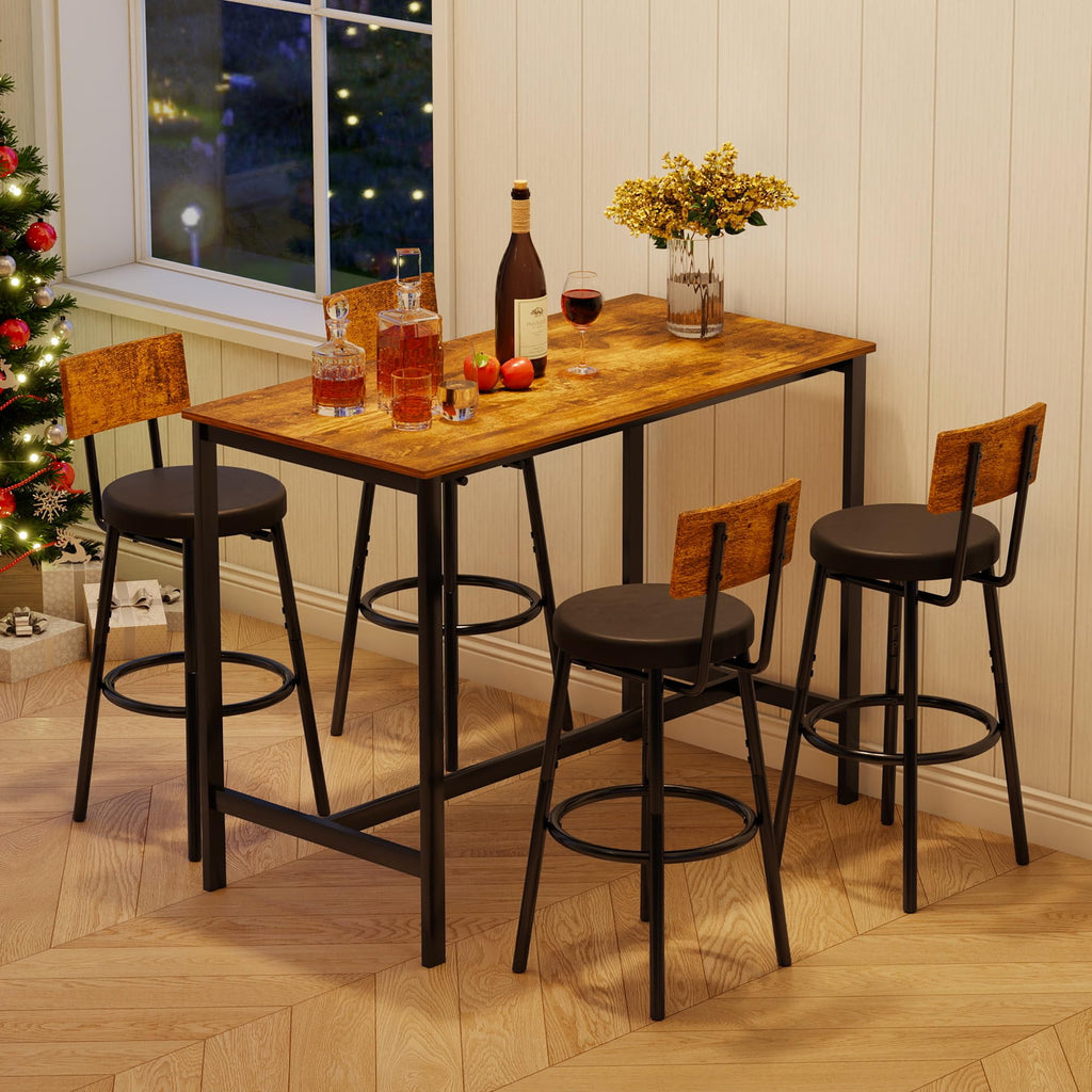 Bar Table and Chairs Set of 4, 5 Piece Counter Height High Breakfast Table Chairs Set of 4, Brown