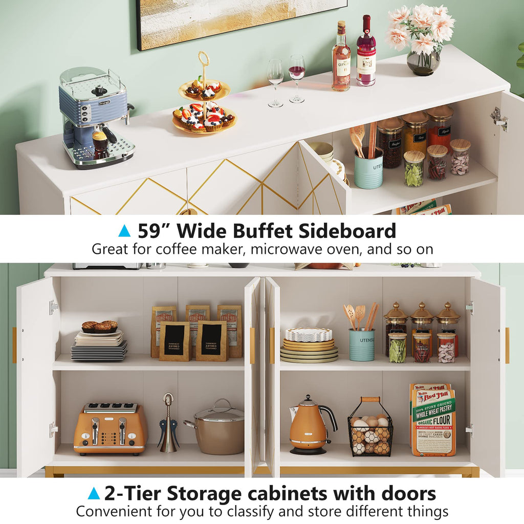 59" White Gold Buffet Cabinet with Storage Kitchen Sideboard Storage Cabinet
