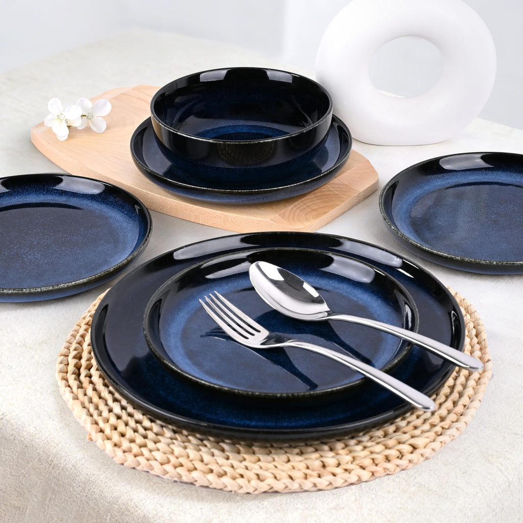 16 Pcs Porcelain Dinnerware Sets for 4 with Double Bowls, Blue