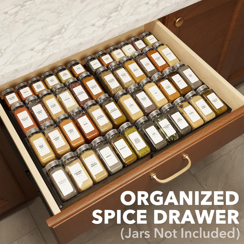 Bamboo Black Spice Drawer Organizer, (Need 3" Deep Drawer) Expandable 4 Tier Spices Rack for Cabinet, Kitchen