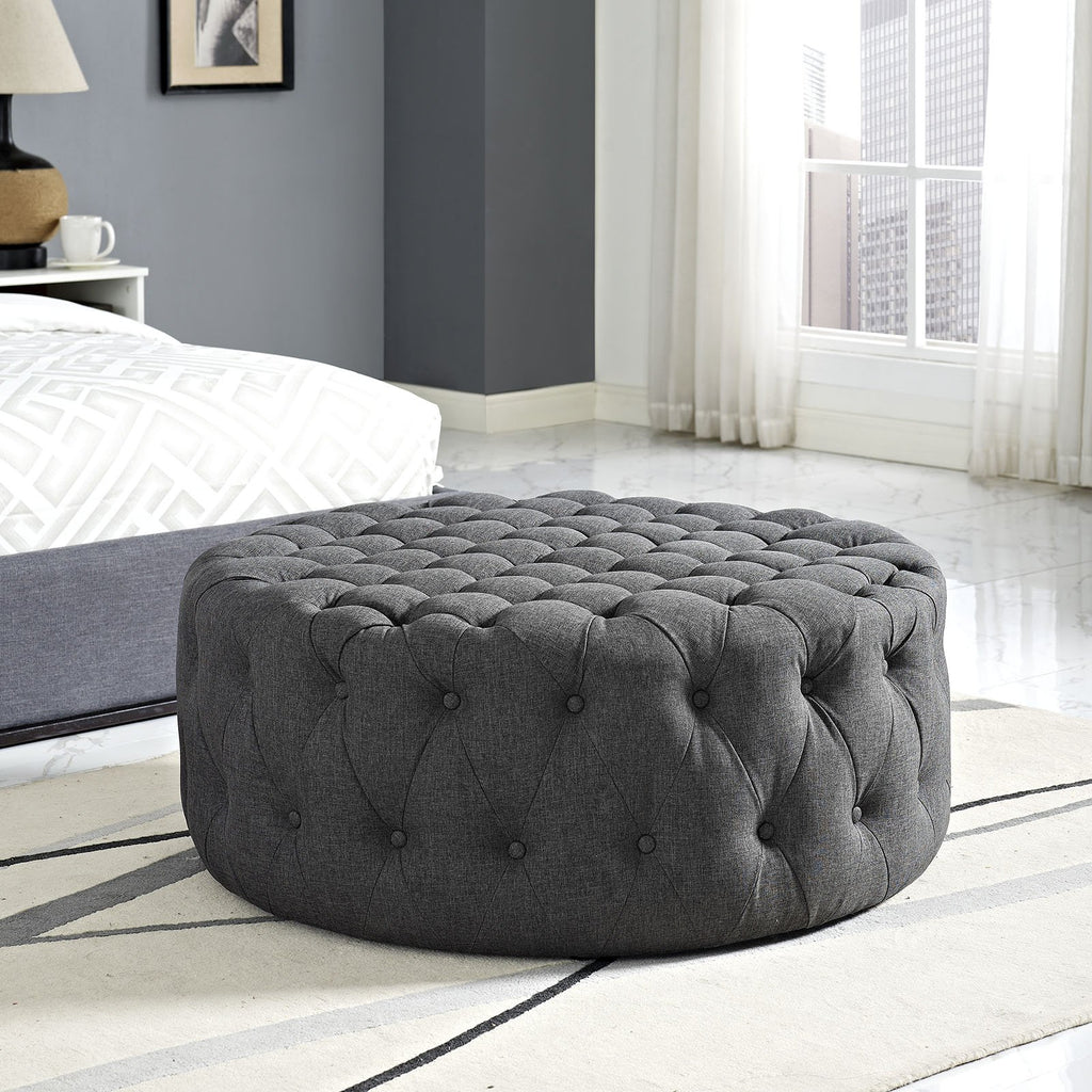 GRYAmourFabric Upholstered Button-Tufted RoundOttomanGray
