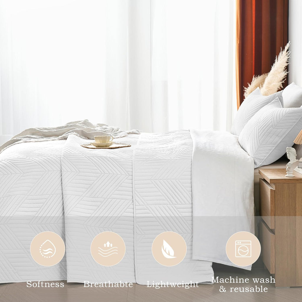 Queen Quilt Bedding Set,White Ultrasonic Full/Queen Quilt Set Reversible Microfiber Bedspread,Lightweight Soft Modern
