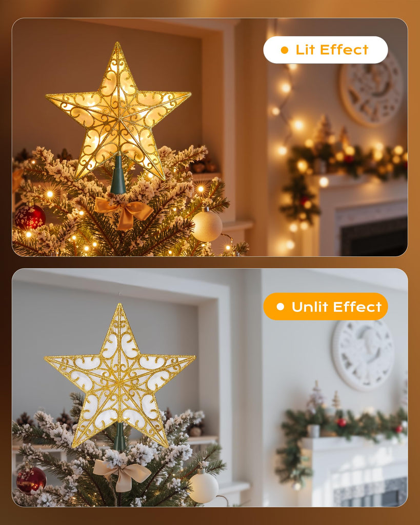 Christmas Star Tree Topper, Plug in Sliver Glittered 3D Star Tree Topper, Metal Hollow Designed Built-in 10 Bulbs