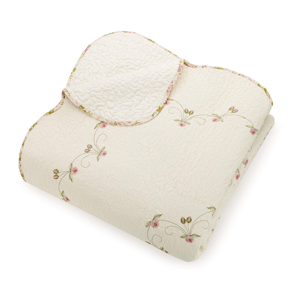 Felisa Embroidered Floral Quilt Set - 3 Piece Cotton Vintage Pink Ivory Scalloped Coverlet with 2