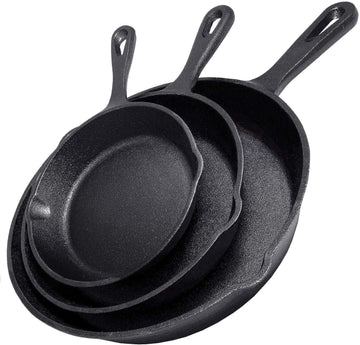 Cast Iron Skillet 3-Piece Set w/Cookbook - Heavy-Duty Professional Restaurant Chef Quality Pre-Seasoned Pan Cookware