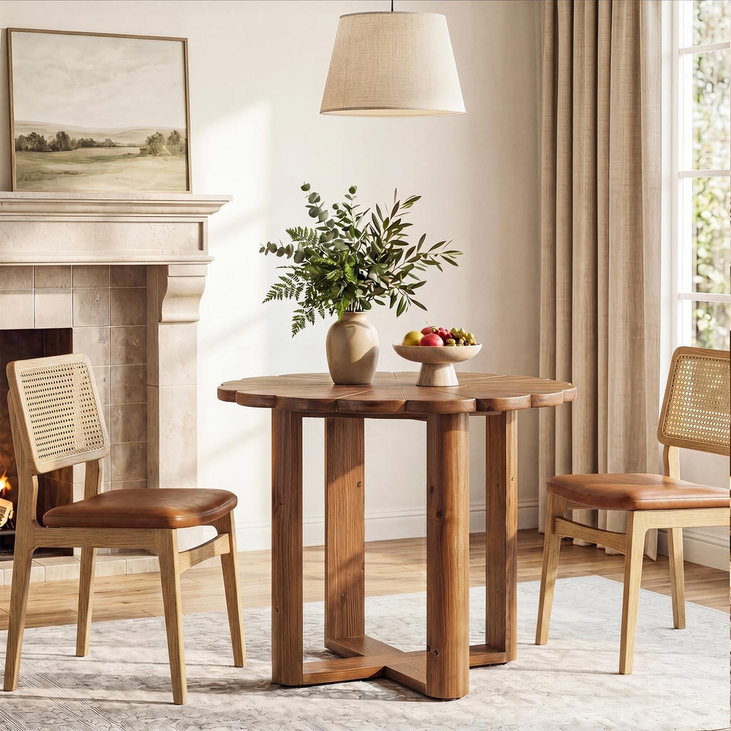 31.5-Inch Solid Wood Round Dining Table for 2-4, Small Farmhouse Kitchen Table with Carved Petal Pattern, Wooden